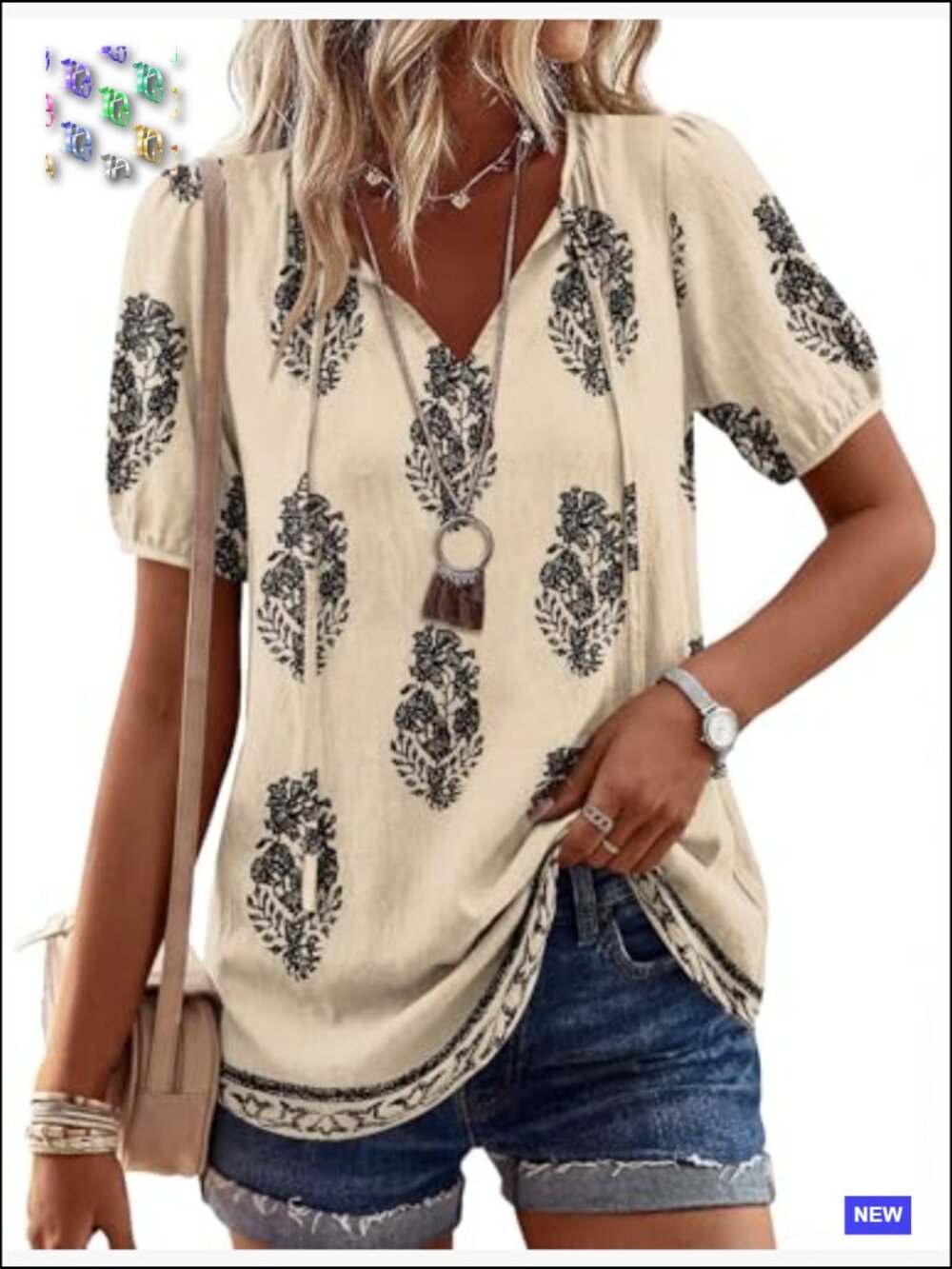 Boho Peasant Top V-Neck Tie Front Puff Sleeve Flowy Tunic Blouse Summer View 4